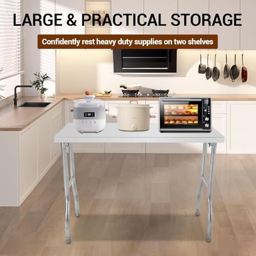 Attracoast 48" Commercial Worktable Workstation, Stainless Steel Folding Table with Metal Adjusting Foot for Kitchen,48 * 30 * 33.5inch