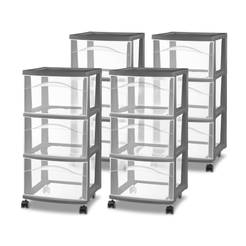 Sterilite 3-Drawer Cart with Wheels for Bedroom and Dresser, 4-Pack