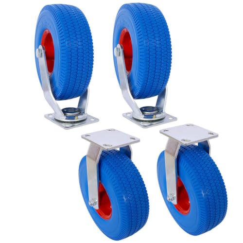LMAOSS 10 Inch Flat Free Caster Wheels Set of 4, Heavy Duty Industrial Casters with 2 Swivel and 2 Rigid Casters, 350 LBS Capacity Each, 4.10/3.50-4 PU Replacement Wheels for Carts, Workbenches and Wa