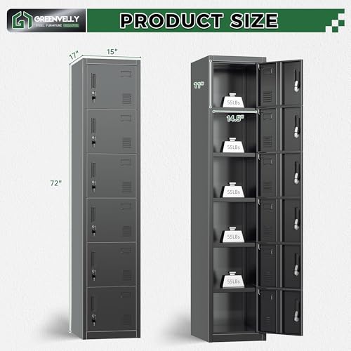 Greenvelly 72" Locker, Metal Lockers for Employees with 6 Doors and Keys, 6-Tiers Black Lockable Steel Storage Locker for Gym,School,Office,Sports,Card Slots,Vents