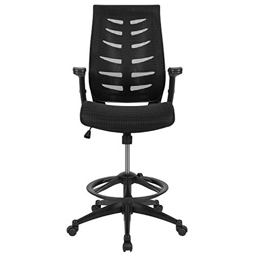 BizChair High Back Black Mesh Spine-Back Ergonomic Drafting Chair with Adjustable Foot Ring and Adjustable Flip-Up Arms