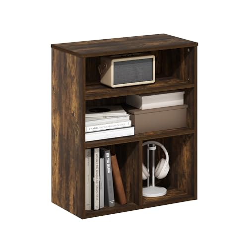 Furinno PASIR Book Shelf, 3-Tier Display Bookshelf with Adjustable Shelf, Cube Storage Bookcase, 11.8 x 23.6 x 28.1, for Living Room, Bedroom, Home Office, Amber Pine