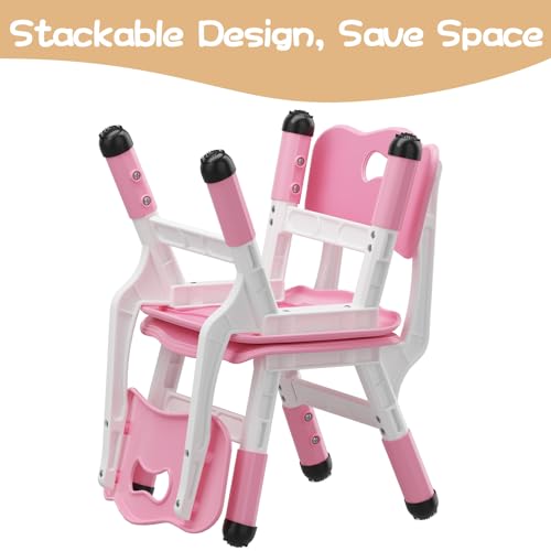 Jojoka Adjustable Kids Chairs 2pcs - 3 Level Height Adjustable Toddler Chair for Ages 3-8 - Ergonomic Backrest, Durable Plastic, Non-Slip Feet - Home, Kindergarten, Classroom & Activities - Pink