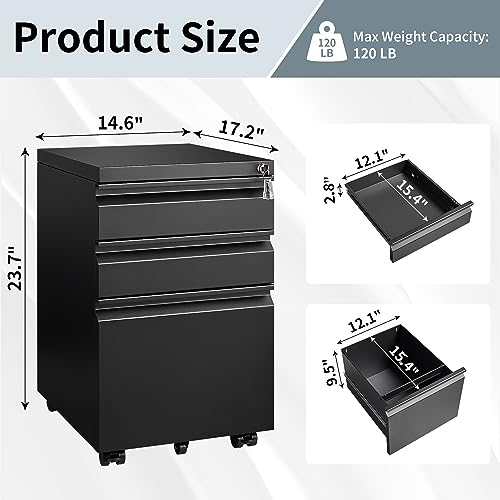 Approgreent 3 Drawer File Cabinet for Home Office, Under Desk Mobile Filing Cabinet with Lock for A4-Size/Letter-Size/Legal-Size, Black (HSEJ-3D)