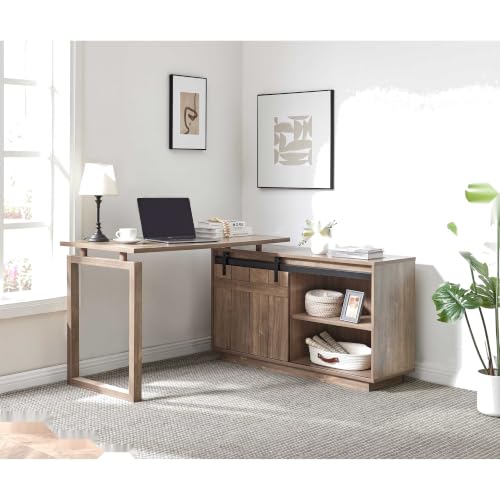 Neojoyoenix Desk L-Shaped Workstation Home Office Attached Storage credenza Sliding barn Door Finished on the Back Reversible Hazelnut