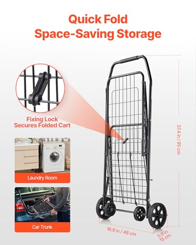 VEVOR Shopping Cart, Folding Grocery Utility Cart with Swivel Wheels, 90 LBS Large Load Capacity, Heavy Duty Rolling Laundry Basket Butler for Laundry, Shopping, Camping, Grocery, Luggage, Black