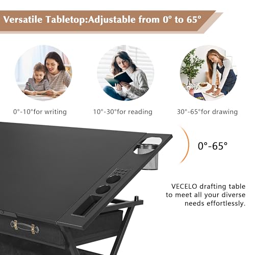 VECELO Drafting Table Art Desk Art Table Adjustable Drawing Table Tilted Tabletop with 2 Storage Drawers and Stool, Drawing Desk for Artist Painters Drawing, Crafting, Reading, Writing, Black