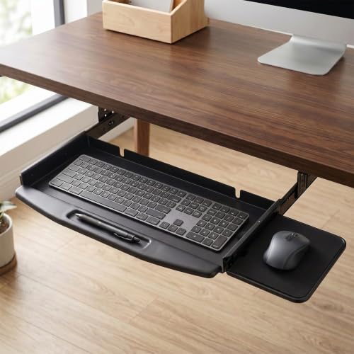 JOLENE.K Heavy-Duty 19" Under Desk Keyboard Tray – Slide-Out Steel Drawer with Smooth Ball Bearing Slides, Ergonomic Space-Saving Design for Desks 22"+ Wide – Black, with Touchpad