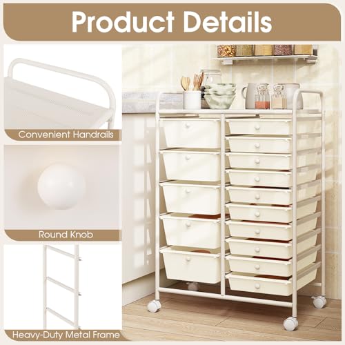 MEDIMALL 15 Drawers Rolling Storage Cart, Multipurpose Craft Storage Cart with Wheels, Mobile Tools Scrapbook Paper Organizer Cart for School Home Office Use (White)