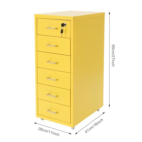 KONGKUNI 6 Drawer Metal File Cabinet for Home Office, Vertical File Cabinet with Lock, Locking Filing Cabinet Rolling File Cart for A4/ Legal/Letter, Require Assembly, Yellow