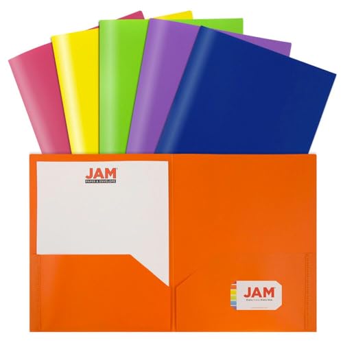 JAM PAPER Plastic 2 Pocket POP Folders - Durable School Folders - Assorted Primary Colors - Bulk 48 Folders/Box (8 Assorted Packs of 6)