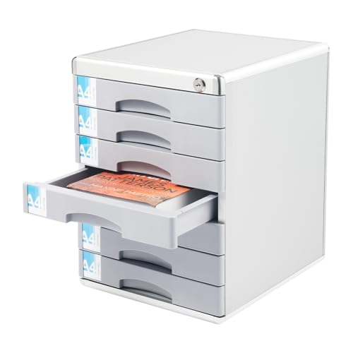 Unnsiapit Desk Organizer with 7 Drawers, Metal Desktop Storage Cabinet File Holder with Locks and Keys, Filing Case Literature Organizer for Office Home, L11.8*D14*H16in, Silver & Grey