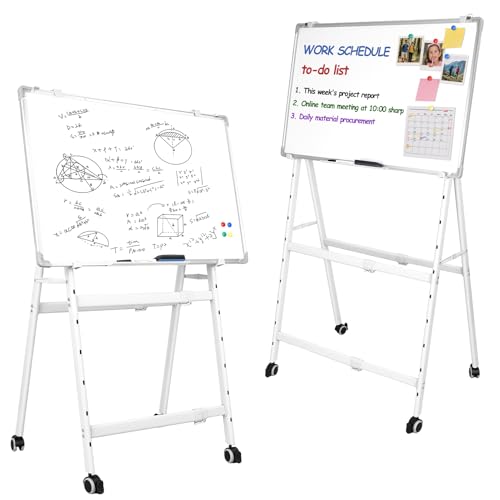 Double-Sided Rolling Whiteboard, Magnetic Mobile Whiteboard with 4 Lockable Swivel Wheels, Height Adjustable Flip Chart Easel Stand, Portable White Board for Home, School & Office Silver 70x100 cm