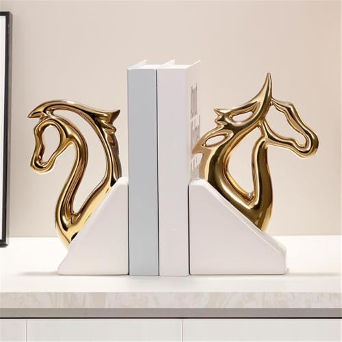 Book Organizer Ceramic Horse Head Bookends, Home Office Decor, for Desktop Bookshelves,Book Ends for Shelves(Silver)