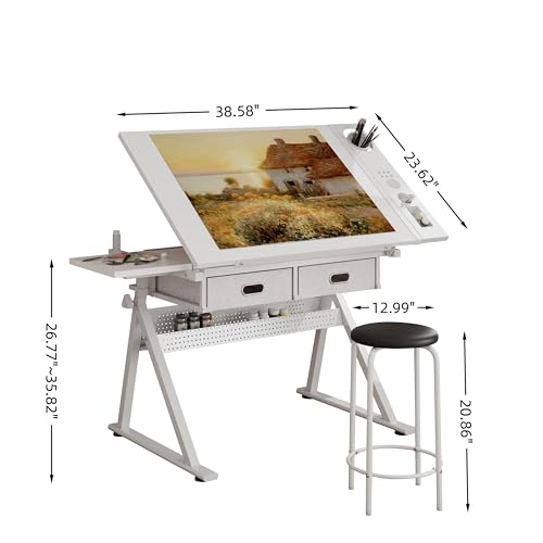 WZONICE98 Adjustable Drafting Table with Stool & 2 Drawers, Height Adjustable Tilting Art Desk, White Drawing Desk with Storage for Home Office, School, Painting, All White