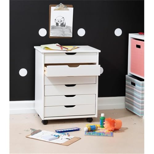 Riverbay Furniture Six Drawer Wood Rolling Cart, 20.75" w x 15.13" d x 25.5" h, White Wash Finish, Wide Drawers, Contoured Handles, Mobile Storage for Office, Kitchen, Bedroom