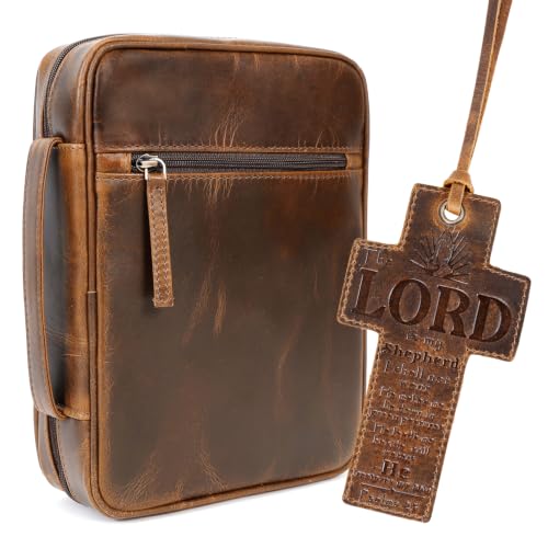 ELIZO Leather Bible Cover for Men Bible Case for Women Zippered Holder Protector Cross Church Tote Bag Carrying Organizer Sleeve Gift Study Antique