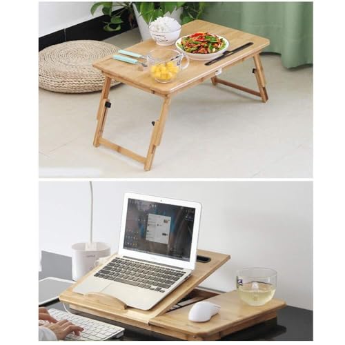 Foldable Bamboo Laptop Bed Table, Adjustable Lap Desk with Storage Drawer, Portable Computer Desk for Bed, Sofa, and Floor Use, Multi-Functional Tray Table(30x50CM/11.8x19.7in)