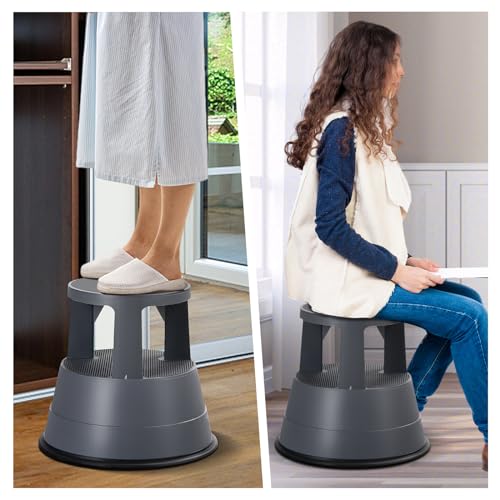 SPORFIT BETTARY Rolling Step Stool with Wheels, Kick Step Stool with 330 LBS Weight Capacity, Kitchen Step Stool with Non Slip Platform for Home Office, Library, Grey, Gray, XDY-550