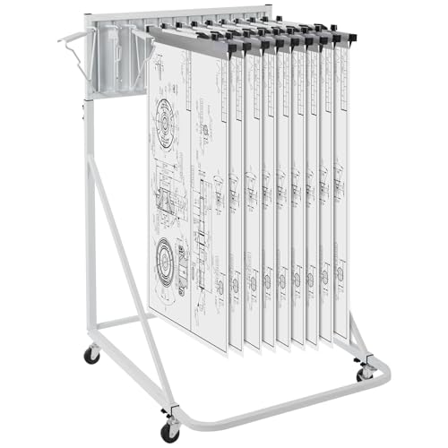 VEVOR Mobile Blueprint Storage Rack, Plan Holder with 12 Pivot Brackets, Mobile Blueprint Holder Adjustable Height & Length, Poster Display Rack for Office and Home (Rack Only Without Clamps)