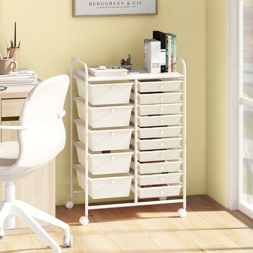 MEDIMALL 15 Drawers Rolling Storage Cart, Multipurpose Craft Storage Cart with Wheels, Mobile Tools Scrapbook Paper Organizer Cart for School Home Office Use (White)