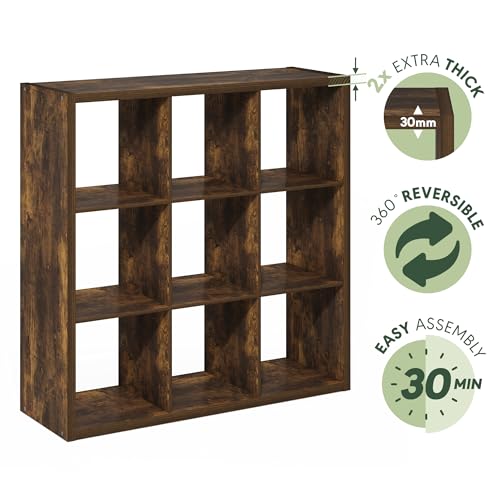 Furinno Cubicle 9-Cube Book Shelf, Extra Thick Frame Bookshelf, Amber Pine