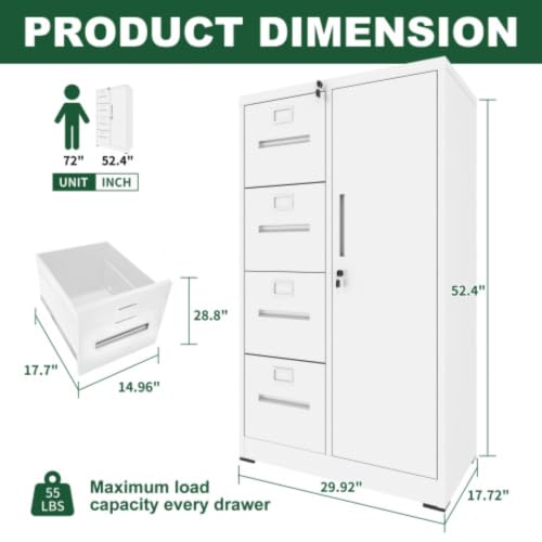Daklpiw 4 Drawer File Cabinet with Lock & 1 Door, Metal Storage Unit with Shelves and Hanging Rod, Vertical Filing Cabinet for Home Office, Fits Letter/Legal/A4/F4, Easy Assembly (White)