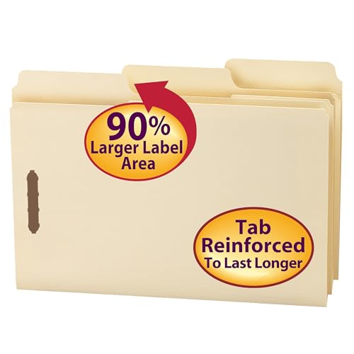 Smead SuperTab® Heavyweight Fastener File Folder, 2 Fasteners, Oversized Reinforced 1/3-Cut Tab, Guide Height, Legal Size, Manila, 50 per Box (19545)