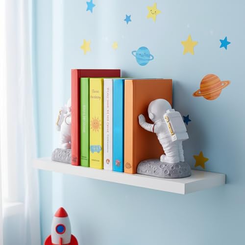 Joyvano Astronaut Bookends - Space Decor for Kids Rooms & Home Office - Heavy Duty Book Holders with Anti-Slip Base - Cool Unique Design (Gold)