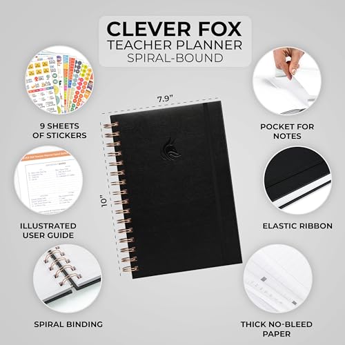 Clever Fox Teacher Planner Spiral, Undated Gradebook Homeschool Black