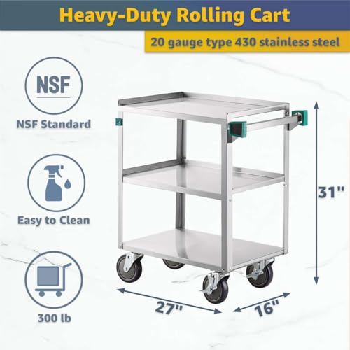 16" x 27" Commercial Stainless Steel Utility Cart with Three Shelves - NSF Service Cart with Handle and 5" Swivel Casters, Heavy-Duty Rolling Cart for Kitchen, Hotel and Catering