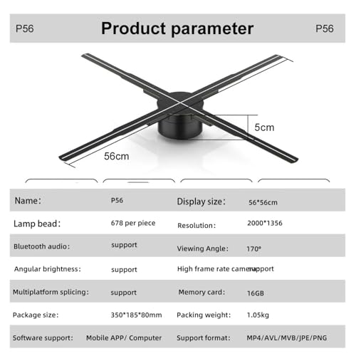 3D Hologram Fan WiFi Holographic Projector Advertising Display Light HD for Stores Bars Party Xmas(P56)
