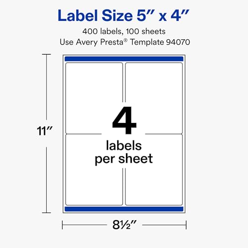Avery Durable White Rectangle Waterproof Labels, 5" x 4", Laser/Pigment-Based Inkjet Printer Compatible, 400 Printable Labels Total, Great for Branding, Packaging, and More
