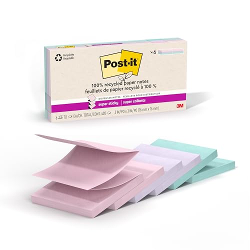 Post-it 100% Recycled Paper Super Sticky Notes, 3 in. x 3 in, 12 Pack