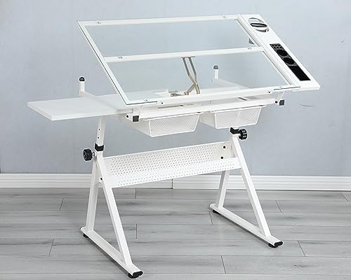 CIATRE White Modern Design Black Adjustable Tempered Glass Drafting Printing Table Desk with Chair, Solid Construction, Anti-Slip and Anti-Scratch, Wide Use for Home, Office, and School