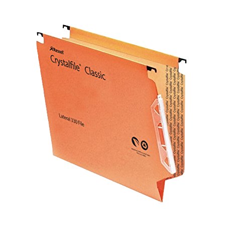 Rexel 330 Lateral Hanging Files with Tabs and Inserts, 15 mm V-Base, 100 Percent Recycled Manilla, Orange, Crystalfile Classic, Pack of 50, 70671