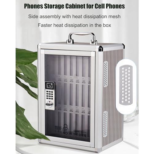 Aluminum Alloy Pocket Chart Cell Phones Storage Cabinet, Cell Phone Holder Desktop Organizer Storage Box for Classroom Office, Cell Phone Locker Box with Door Locks and Keys