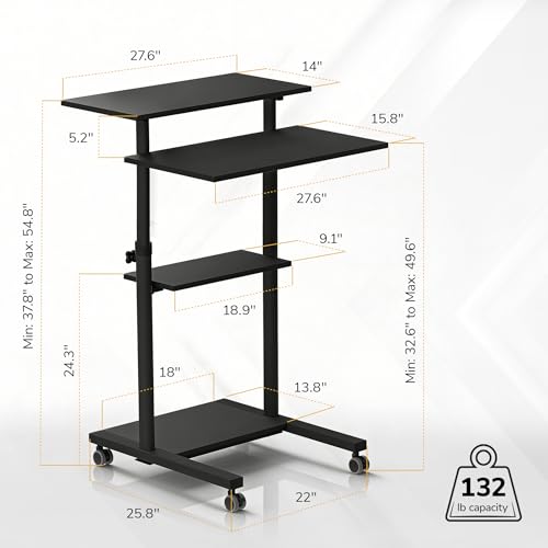 Mount-It! Black Rolling Standing Desk, Adjustable Height up to 54.7", Portable Laptop Podium Desk on Wheels, Mobile Computer Workstation with 4 Shelves 27.5" Wide, Cart for Home Office or Classroom
