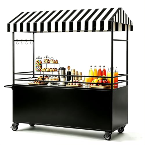 55in Portable Vendor Cart with Canopy and Lockable Wheels (Black)