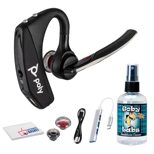 Poly Voyager 5200 Wireless Bluetooth Headset with Four Microphone Array WindSmart Technology Voice Control for Office and Remote Work (7S431AA#ABA) + Headphone Cleaner + Hub + Cloth (7pc Bundle)