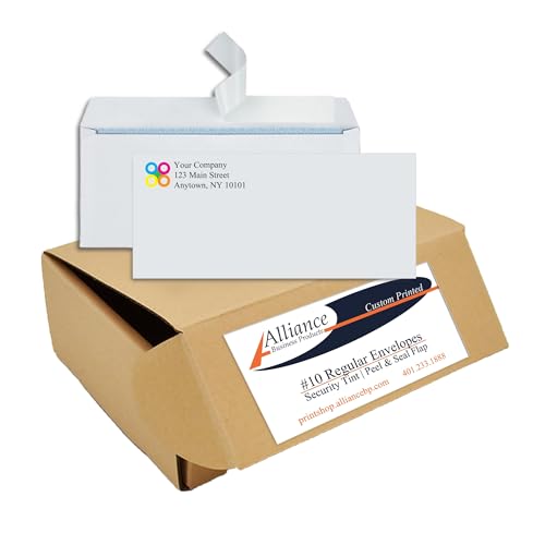 500 Envelopes #10 Custom Printed Regular Self-Seal Security Envelopes, Text and Logo Customization, Size 4 1/8 x 9 1/2 Inches, White, 24lb