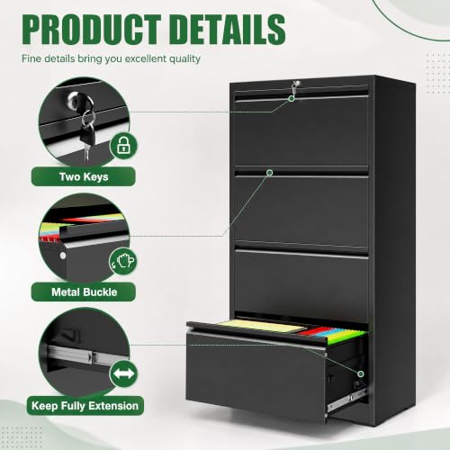 auruge 4-Drawer Lockable Side-Opening File Cabinet for Home & Office