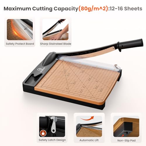 12 Inch Heavy Duty Paper Cutter, Wood Base Guillotine Paper Trimmer
