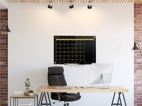 Real Glass Dry Erase Monthly Calendar, Extra Large 24" x 36", Tempered Glass Surface, Frameless Wall Mount, with 4 Assorted Color Markers and Eraser, by Better Office Products (Jet Black/Gold Print)