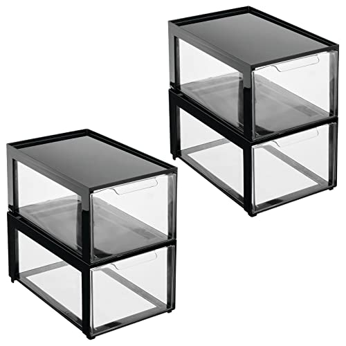 mDesign Plastic Desk Organizer and Storage Bin w/Pull Out Drawer - Stackable Office Storage Container for Office Supplies - Desktop Drawer Organizer - Lumiere Collection - 4 Pack - Black/Clear