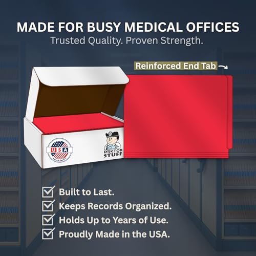 Red File Folders, Doctor Stuff, Letter Size Reinforced End Tab Folder, 14 pt Stock, Carton of 250