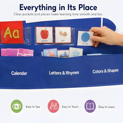 Daily Learning Center Pocket Chart Set for Classroom Routines, Calendar Weather and Counting Board with Card Pockets for Group Lessons Daily Learning Board Pocket Chart Center Calendar Letter