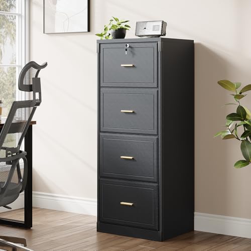 LITTLE TREE 4-Drawer File Cabinet with Lock, Large Vertical Storage Cabinet, Secure Space-Saver for Home Office, Compatible with A4/F4/Letter/Files, Filing Cabinets for Home Office (Black, MDF)