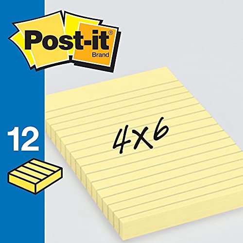 3M 660YW Post-It Lined Notes, 4 x 6, 100 Sheets/Pad, Canary Yellow, 12/Pack