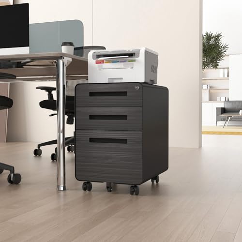 soges 3 Drawer Mobile Metal File Cabinet with Lock, Versatile Filing Cabinet Under Desk for Legal/Letter/A4 Storage, Full Assembled Except Casters, for Home Office (Wood Black)